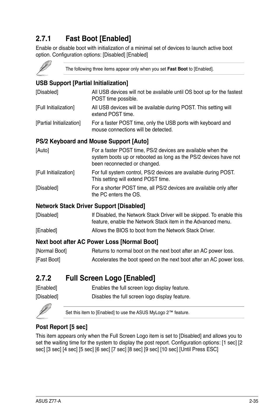 1 fast boot [enabled, 2 full screen logo [enabled, Fast boot [enabled] -35 | Full screen logo [enabled] -35 | Asus Z77-A User Manual | Page 81 / 92