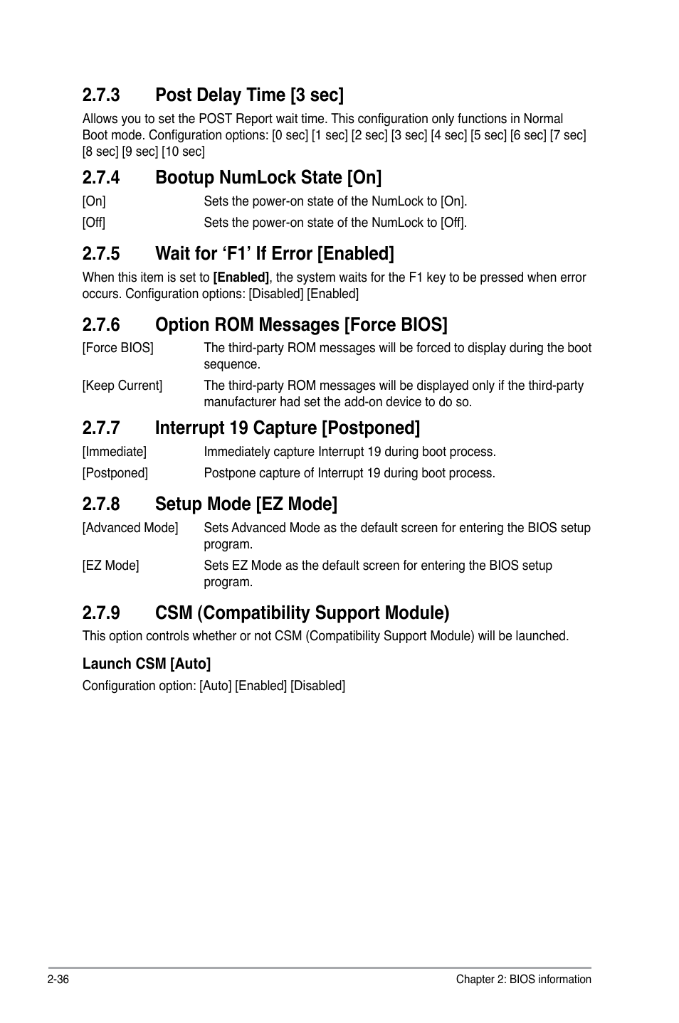 3 post delay time [3 sec, 4 bootup numlock state [on, 5 wait for ‘f1’ if error [enabled | 6 option rom messages [force bios, 7 interrupt 19 capture [postponed, 8 setup mode [ez mode, 9 csm (compatibility support module), Post delay time [3 sec] -36, Bootup numlock state [on] -36, Wait for ‘f1’ if error [enabled] -36 | Asus Z77-A User Manual | Page 82 / 92