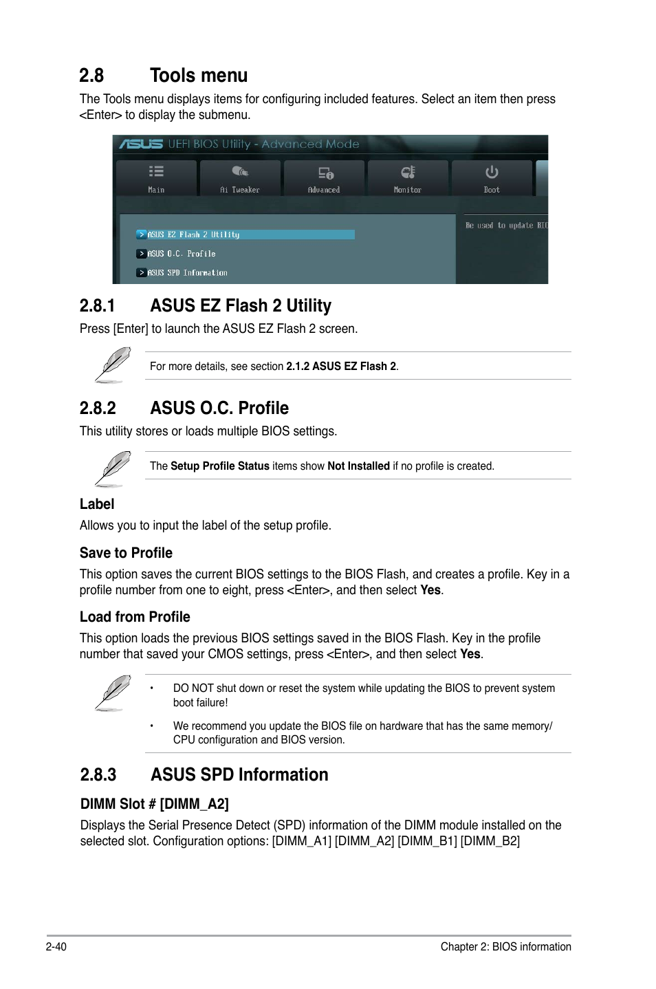 8 tools menu, 1 asus ez flash 2 utility, 2 asus o.c. profile | 3 asus spd information, Tools menu -40 2.8.1, Asus ez flash 2 utility -40, Asus o.c. profile -40, Asus spd information -40 | Asus Z77-A User Manual | Page 86 / 92