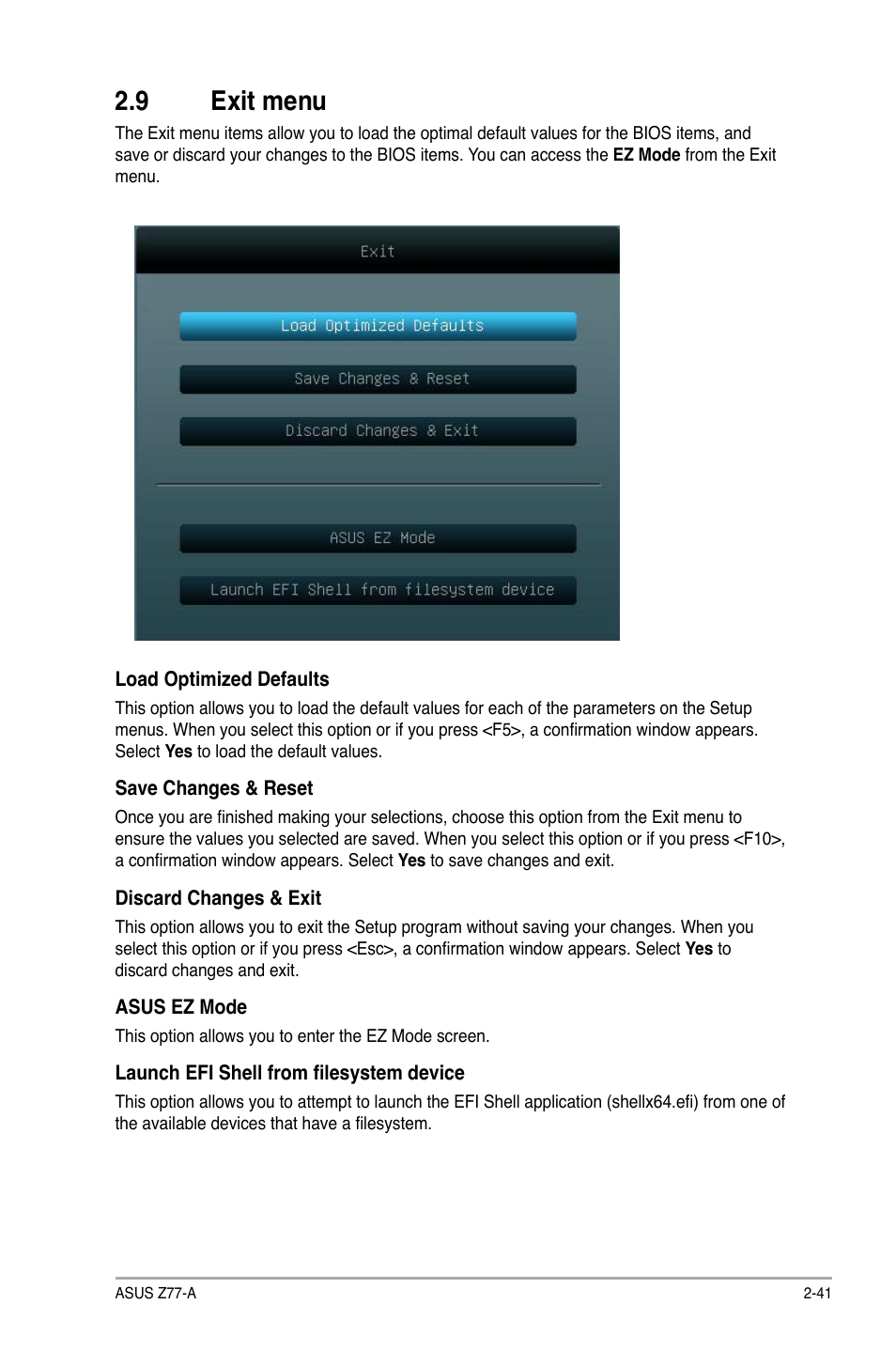 9 exit menu, Exit menu -41 | Asus Z77-A User Manual | Page 87 / 92