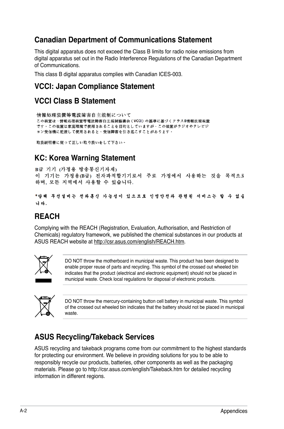 Canadian department of communications statement, Asus recycling/takeback services | Asus Z77-A User Manual | Page 90 / 92