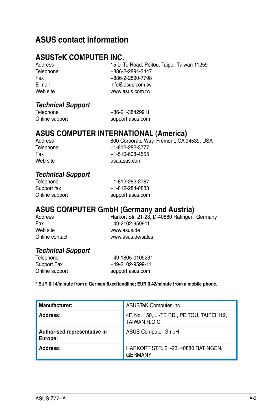 Asus contact information, Asustek computer inc, Asus computer international (america) | Asus computer gmbh (germany and austria), Technical support | Asus Z77-A User Manual | Page 91 / 92