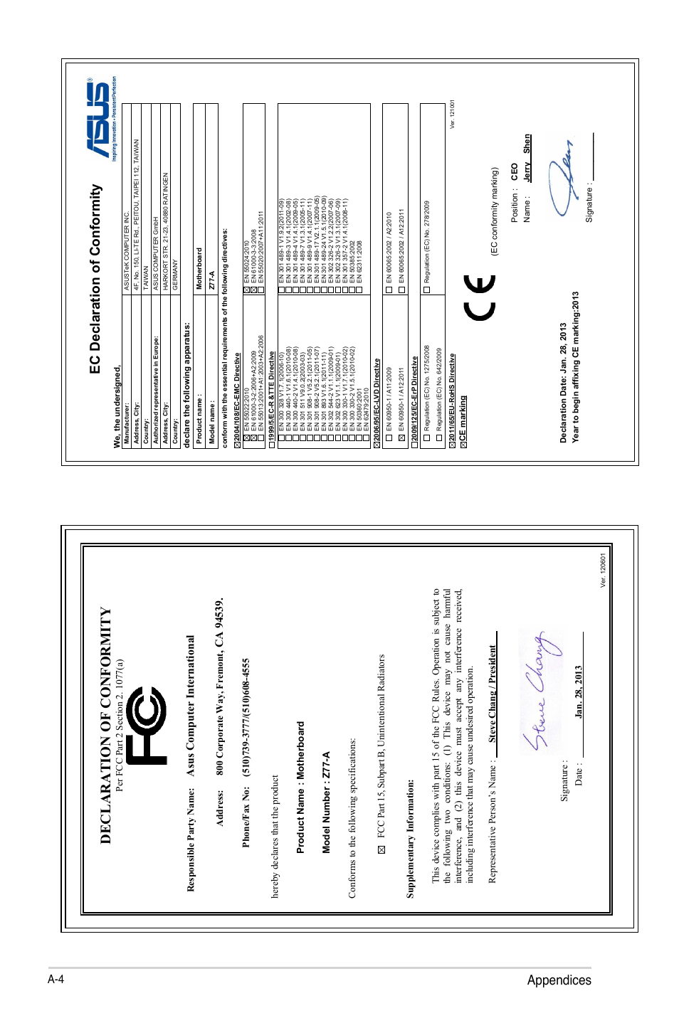 Declaration of conformity, Appendices, Ec declaration of conformity | Asu s c om pu te r in te rn at io na l, Address: 800 corporate way, fremont | Asus Z77-A User Manual | Page 92 / 92