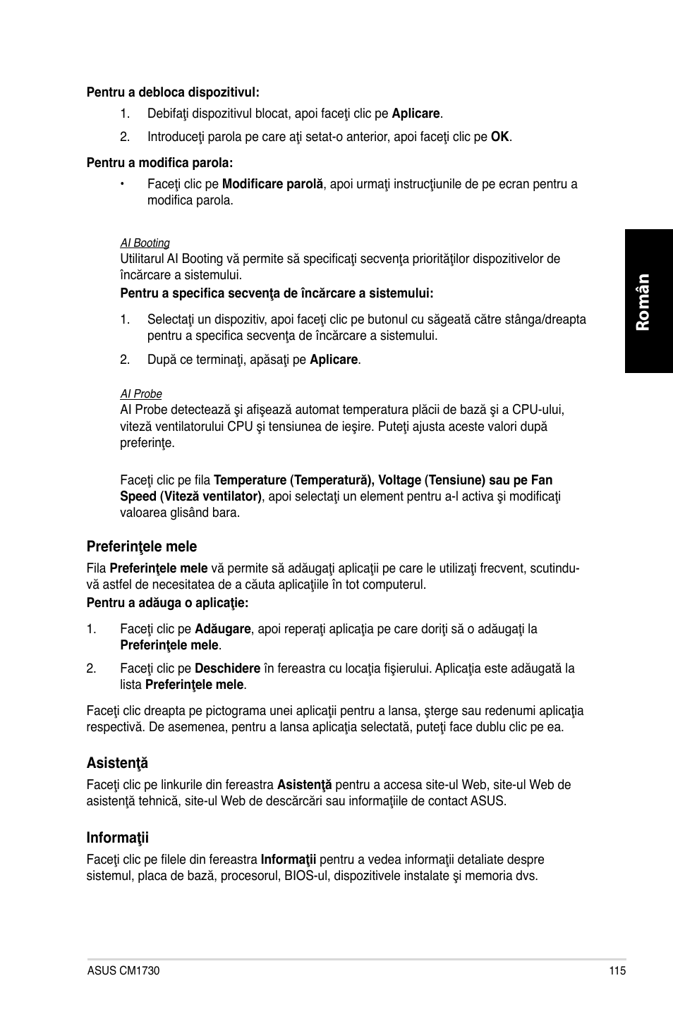 Română român | Asus CM1730 User Manual | Page 115 / 198