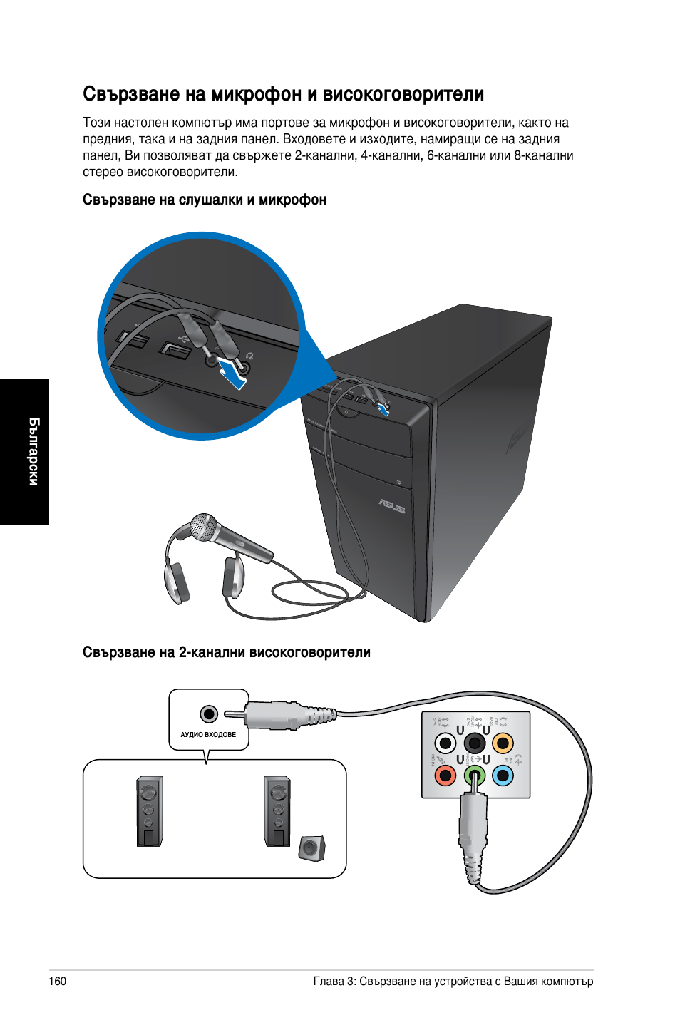 Свързване на микрофон и високоговорители | Asus CM1730 User Manual | Page 160 / 198