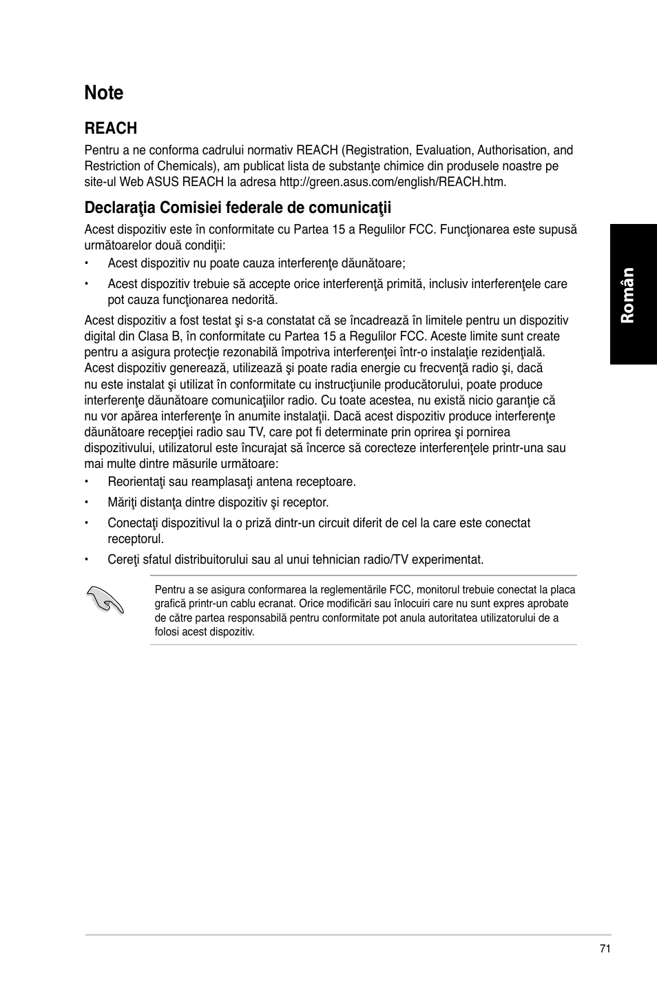 Note, Română român română român, Reach | Declaraţia comisiei federale de comunicaţii | Asus CM1730 User Manual | Page 71 / 198