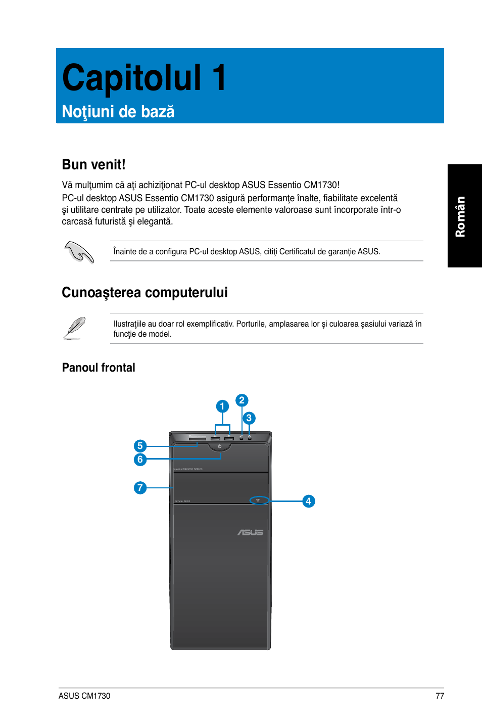 Capitolul 1, Noţiuni de bază, Bun venit | Cunoaşterea computerului, Bun venit! cunoaşterea computerului | Asus CM1730 User Manual | Page 77 / 198