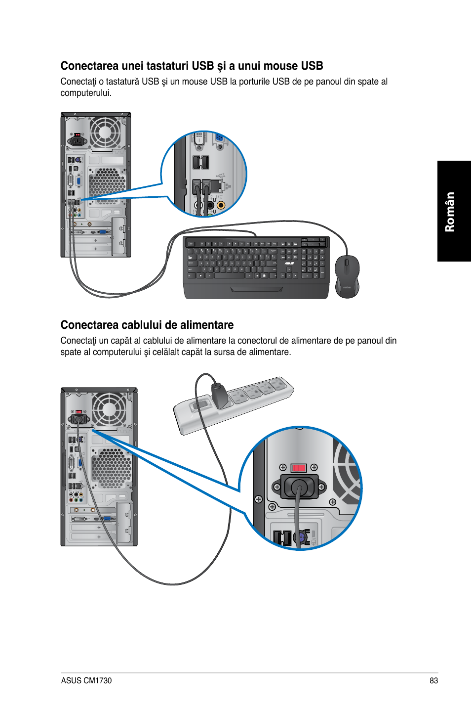 Română român, Conectarea unei tastaturi usb şi a unui mouse usb, Conectarea cablului de alimentare | Asus CM1730 User Manual | Page 83 / 198