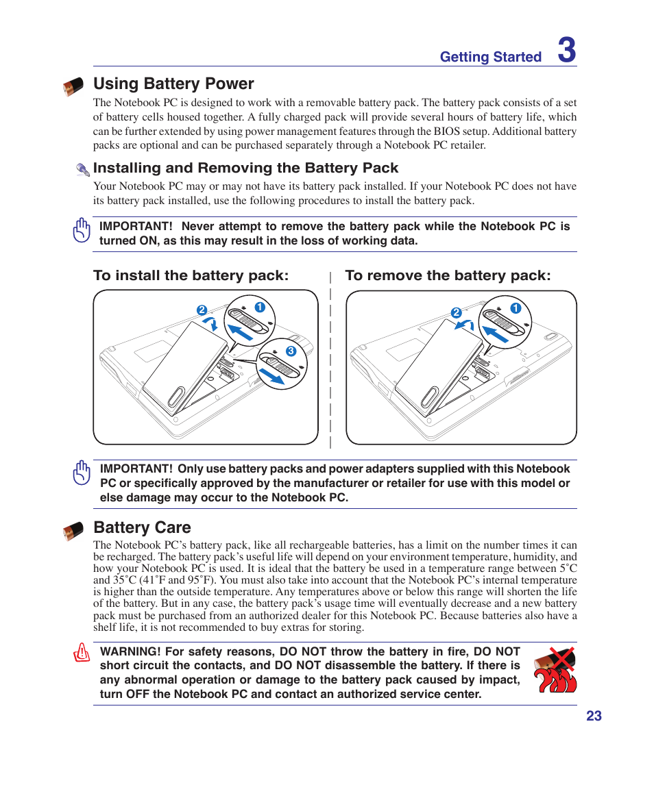 Using battery power, Battery care | Asus K41VF User Manual | Page 23 / 85