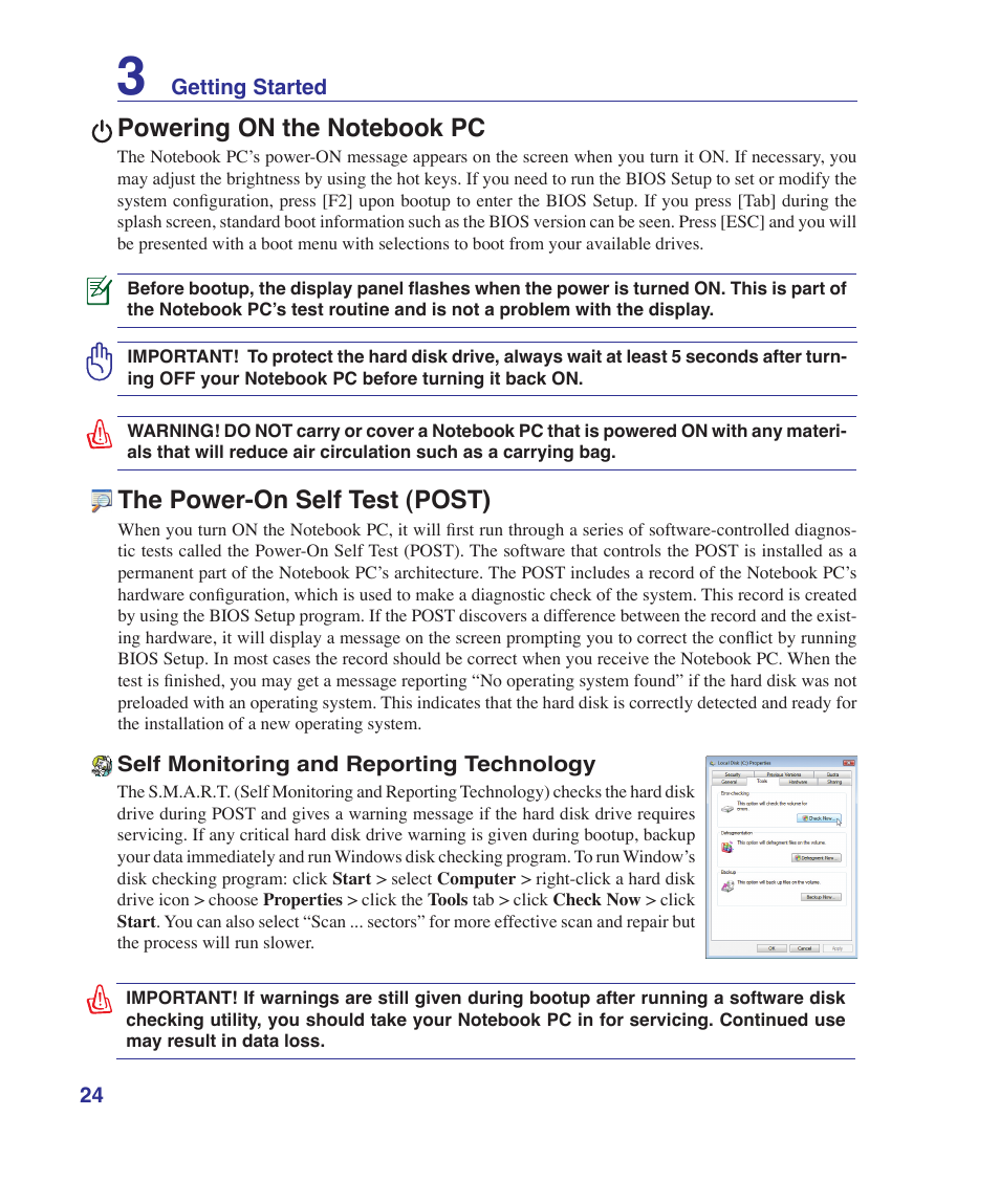 Powering on the notebook pc, The power-on self test (post) | Asus K41VF User Manual | Page 24 / 85