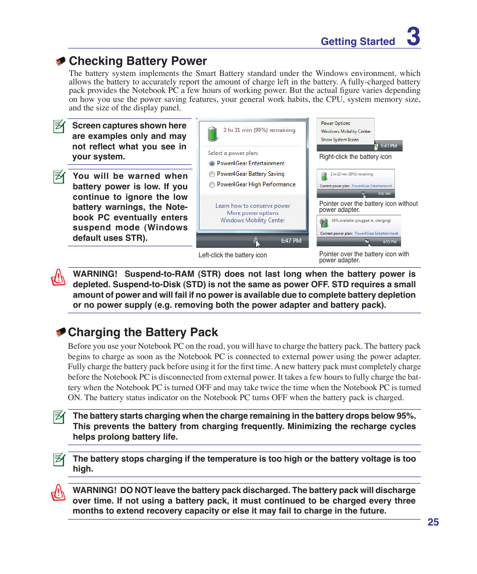 Checking battery power, Charging the battery pack | Asus K41VF User Manual | Page 25 / 85