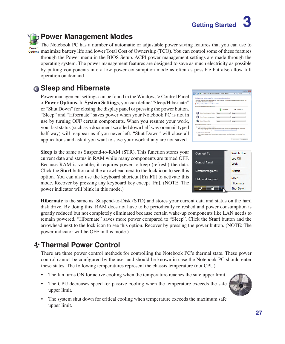 Power management modes, Sleep and hibernate, Thermal power control | Asus K41VF User Manual | Page 27 / 85