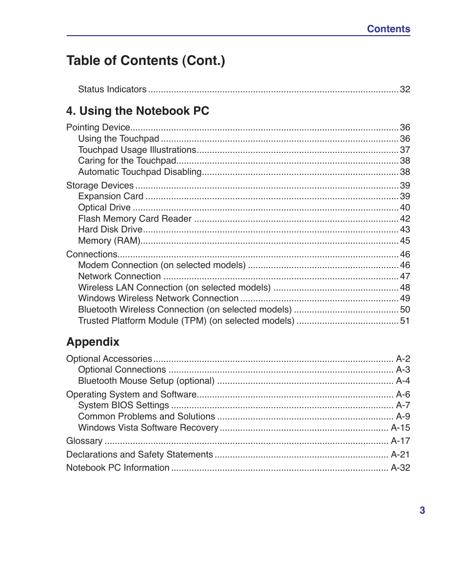 Table of contents (cont.), Appendix | Asus K41VF User Manual | Page 3 / 85