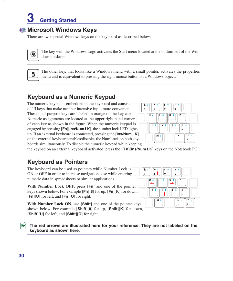 Microsoft windows keys, Keyboard as a numeric keypad, Keyboard as pointers | Asus K41VF User Manual | Page 30 / 85