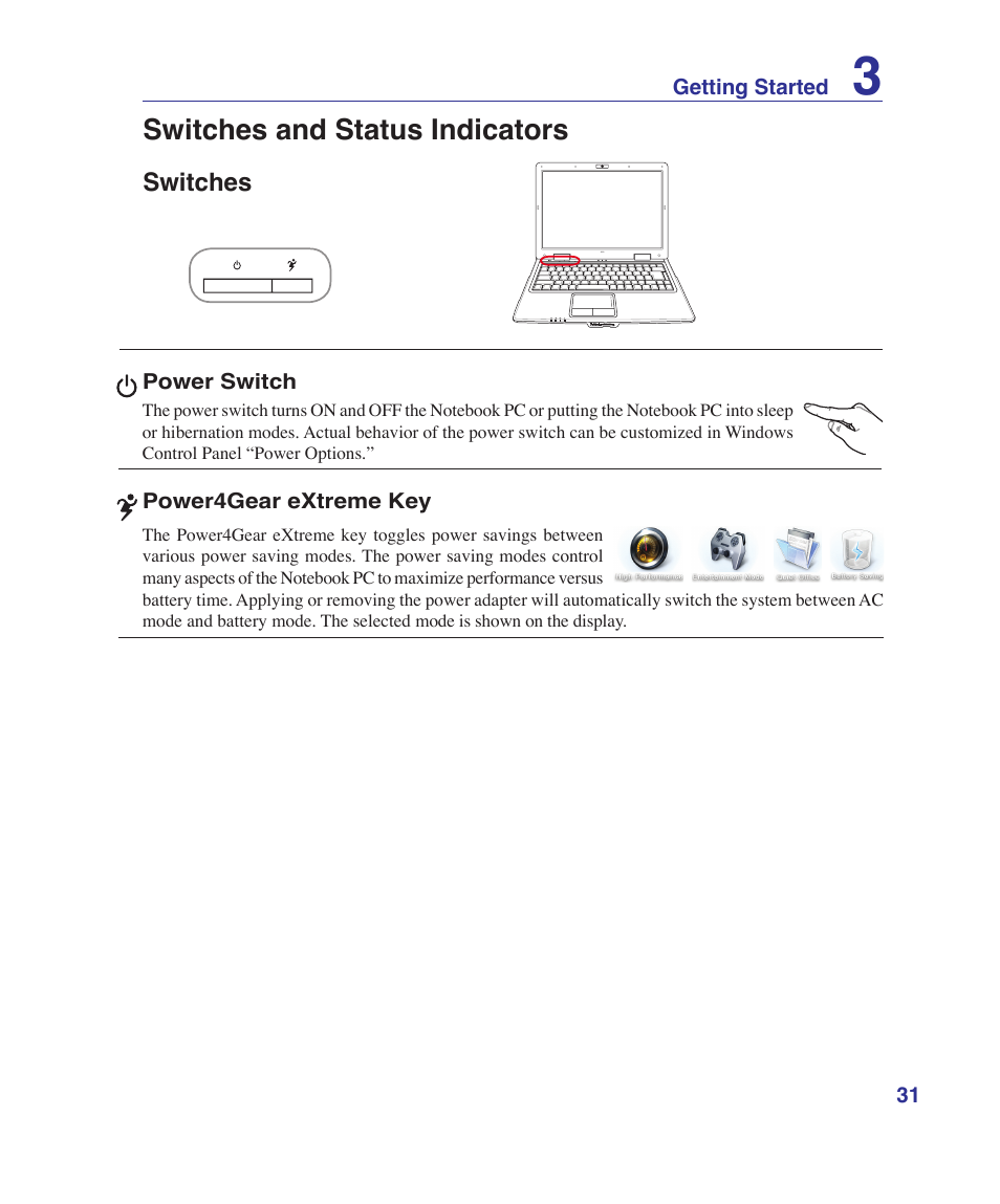 Switches and status indicators, Switches | Asus K41VF User Manual | Page 31 / 85