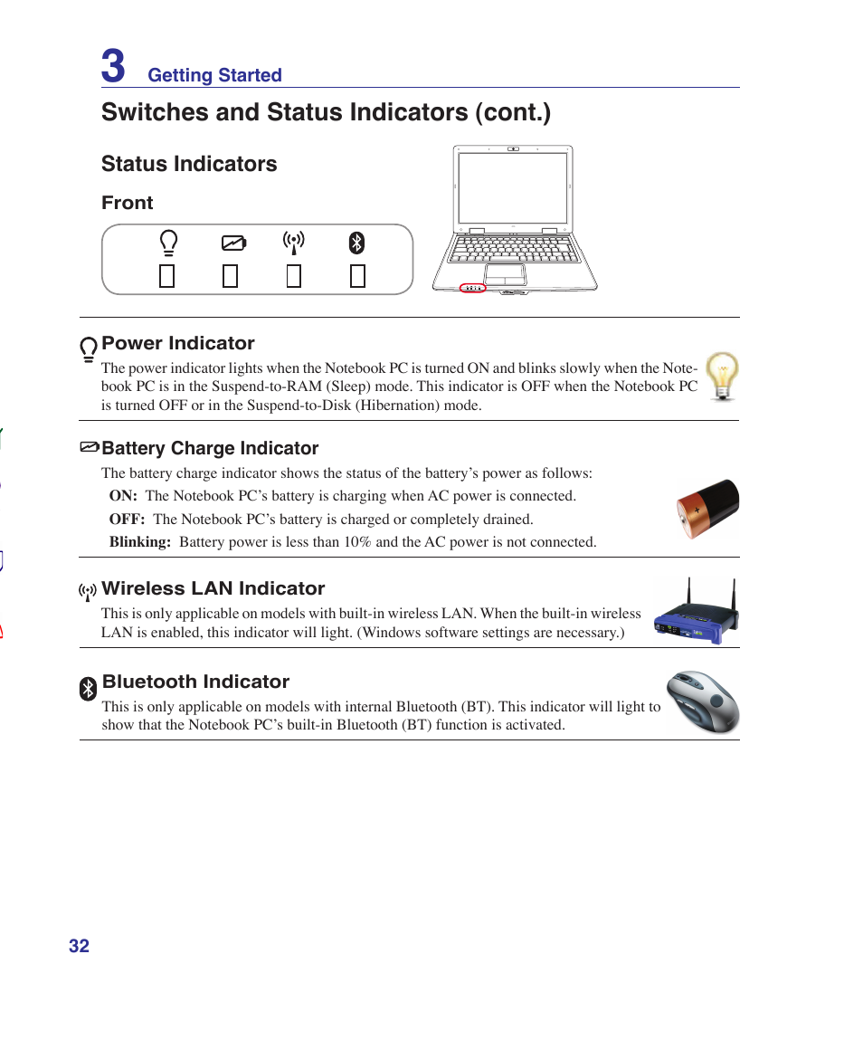 Status indicators, Switches and status indicators (cont.) | Asus K41VF User Manual | Page 32 / 85