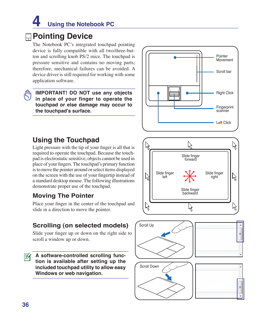 Pointing device, Using the touchpad | Asus K41VF User Manual | Page 36 / 85