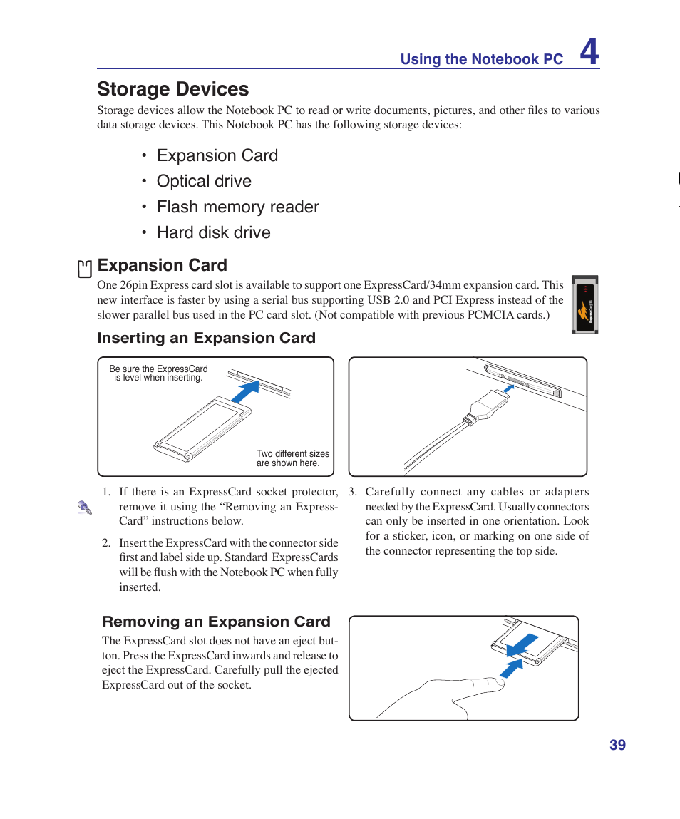 Storage devices, Expansion card | Asus K41VF User Manual | Page 39 / 85