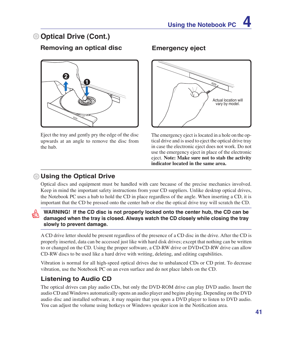 Optical drive (cont.) | Asus K41VF User Manual | Page 41 / 85