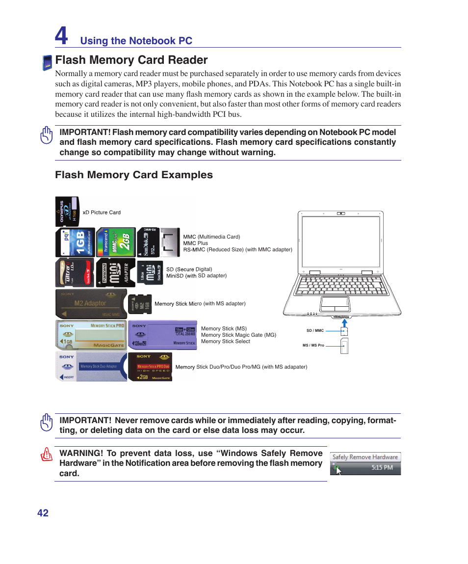 Flash memory card reader | Asus K41VF User Manual | Page 42 / 85