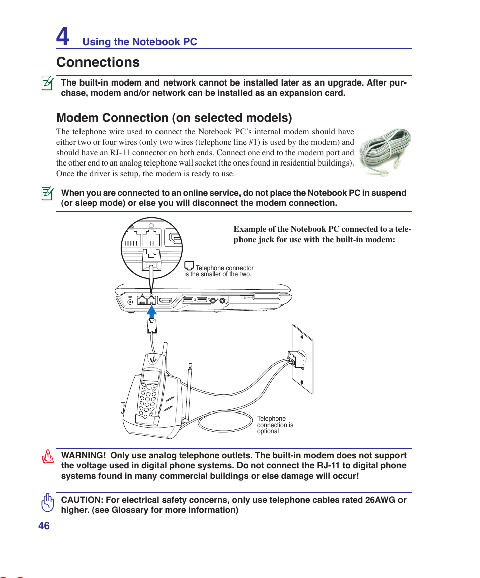 Connections, Modem connection (on selected models) | Asus K41VF User Manual | Page 46 / 85