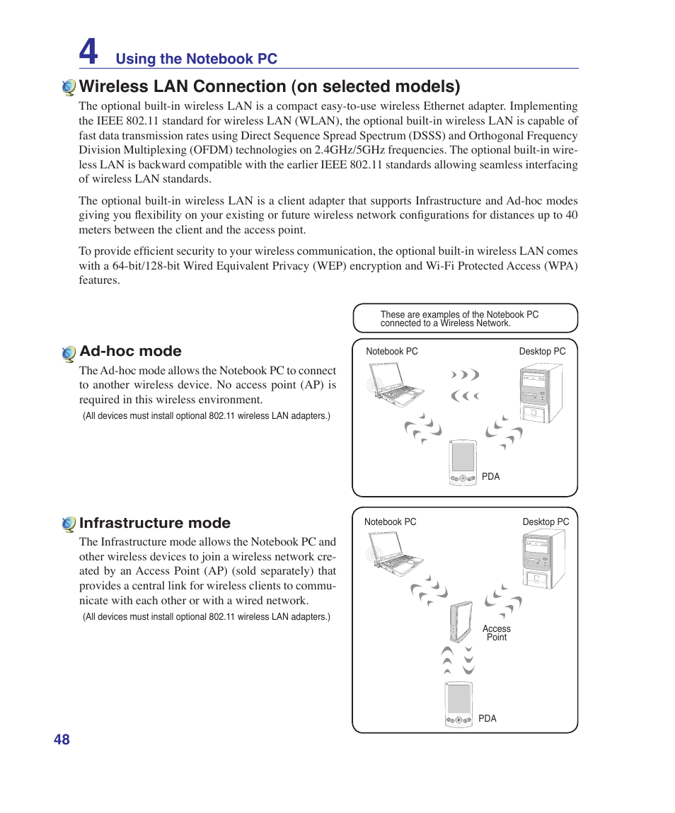 Wireless lan connection (on selected models) | Asus K41VF User Manual | Page 48 / 85