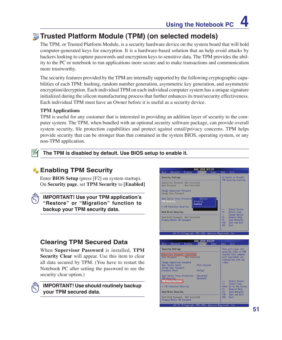 Trusted platform module (tpm) (on selected models) | Asus K41VF User Manual | Page 51 / 85