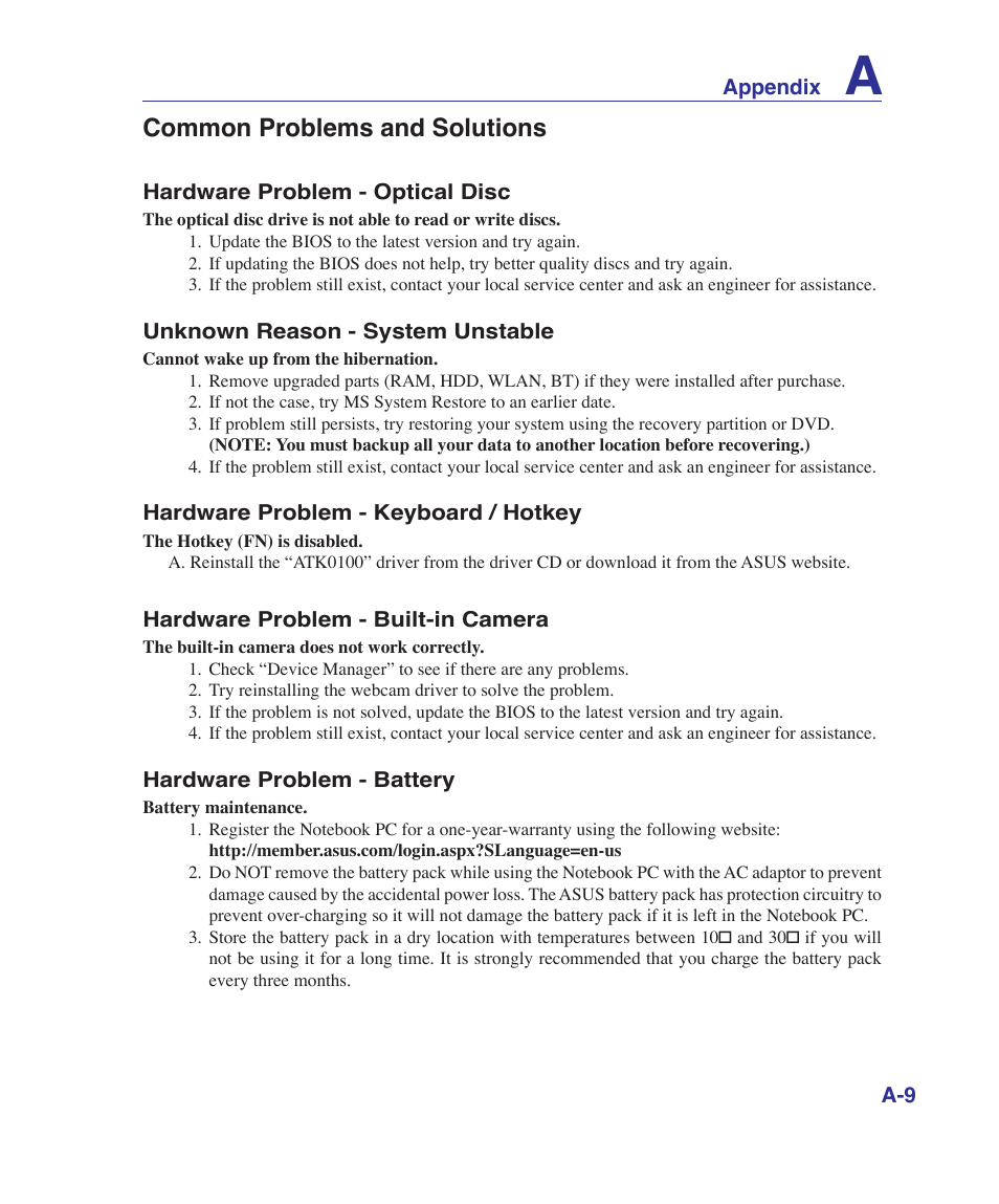 Common problems and solutions | Asus K41VF User Manual | Page 61 / 85