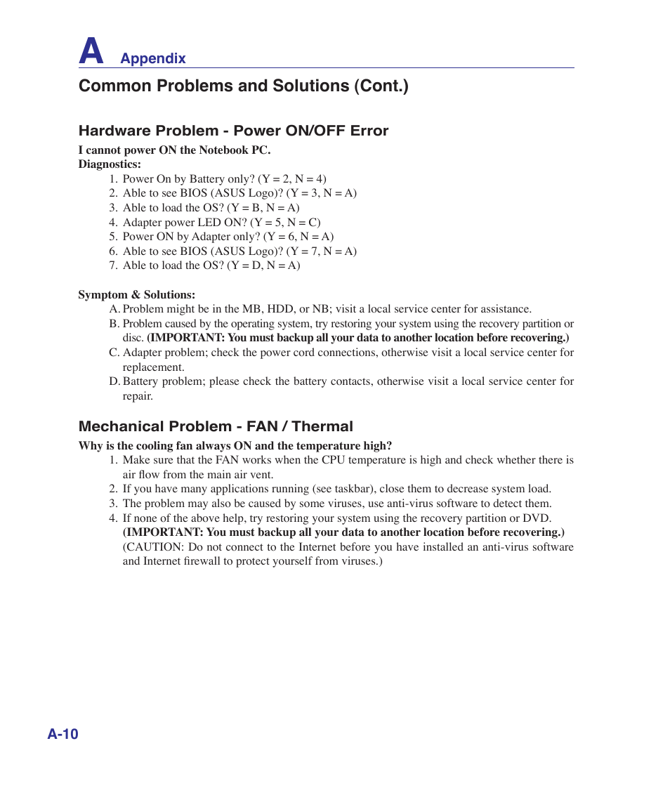 Common problems and solutions (cont.) | Asus K41VF User Manual | Page 62 / 85