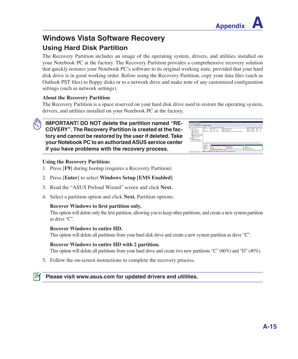 Windows vista software recovery | Asus K41VF User Manual | Page 67 / 85