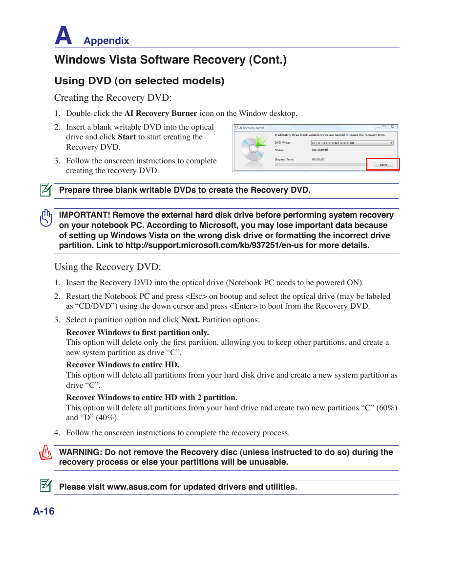 Windows vista software recovery (cont.) | Asus K41VF User Manual | Page 68 / 85