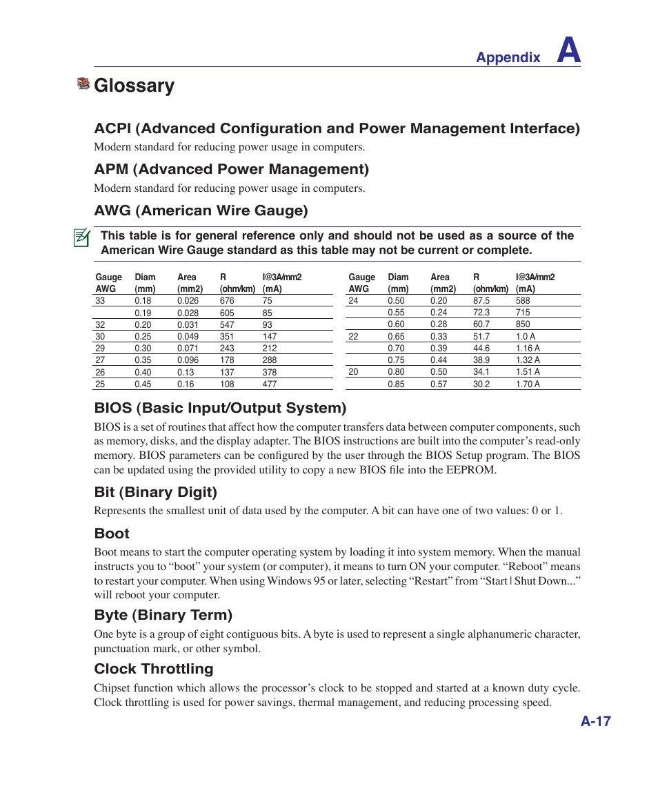 Glossary, Appendix, Apm (advanced power management) | Awg (american wire gauge), Bios (basic input/output system), Bit (binary digit), Boot, Byte (binary term), Clock throttling | Asus K41VF User Manual | Page 69 / 85