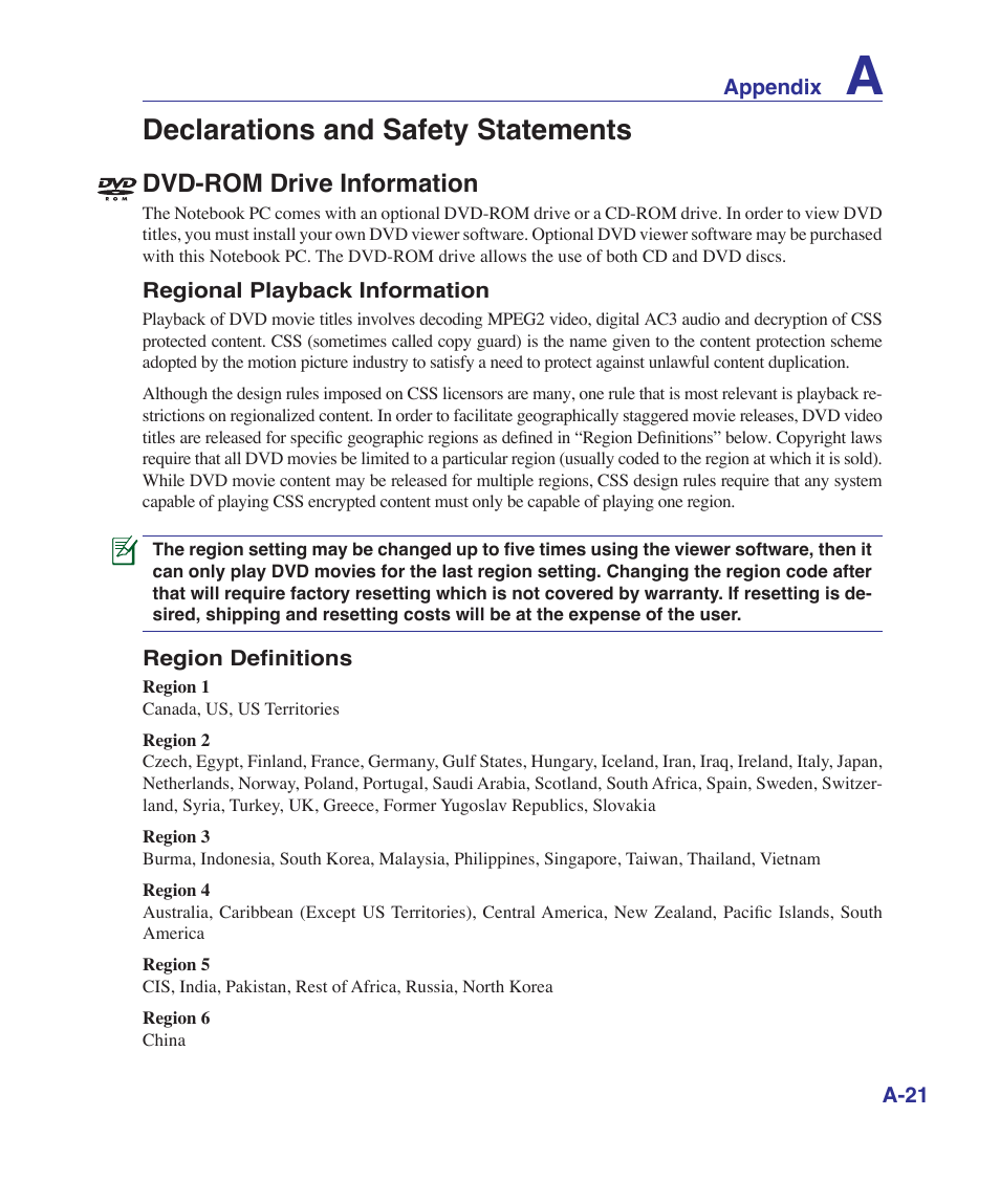 Declarations and safety statements, Dvd-rom drive information | Asus K41VF User Manual | Page 73 / 85