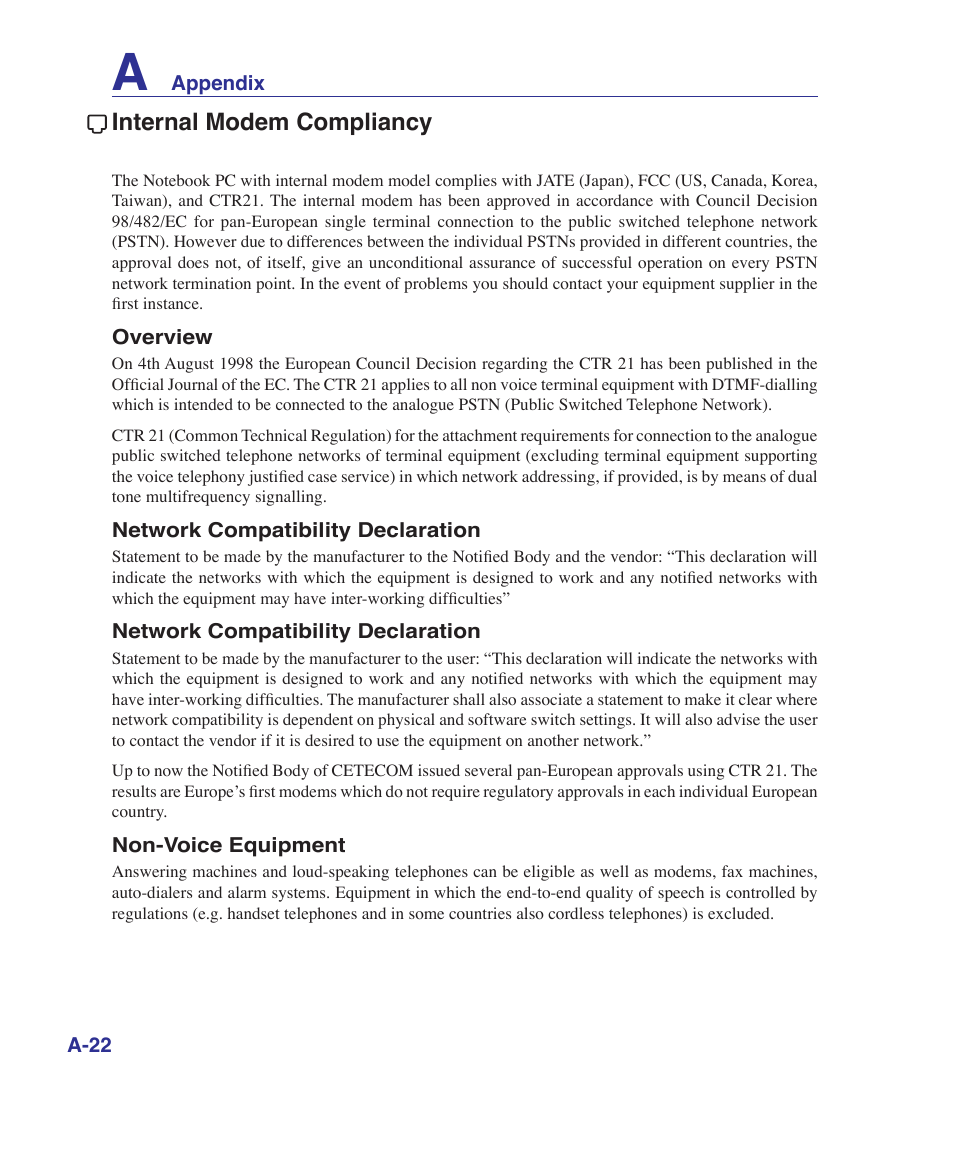 Internal modem compliancy | Asus K41VF User Manual | Page 74 / 85