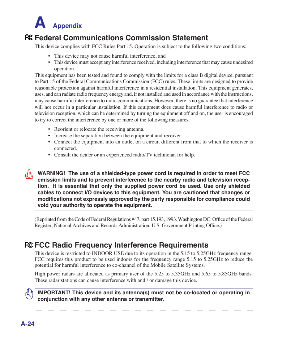 Federal communications commission statement, Fcc radio frequency interference requirements | Asus K41VF User Manual | Page 76 / 85