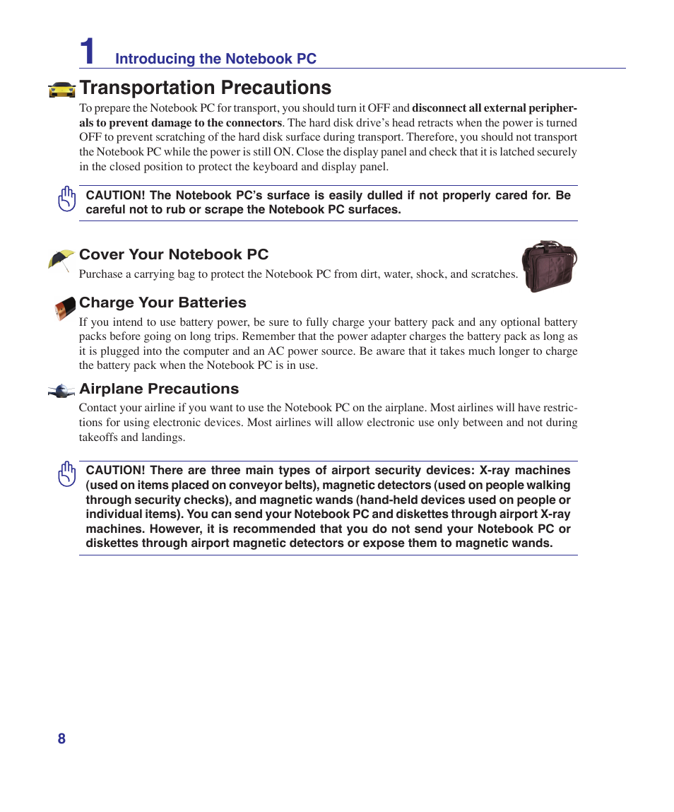 Transportation precautions | Asus K41VF User Manual | Page 8 / 85