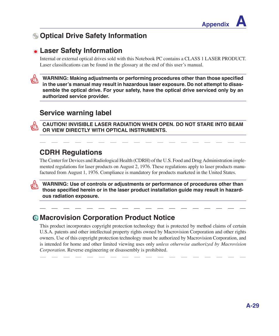 Service warning label, Cdrh regulations, Macrovision corporation product notice | Asus K41VF User Manual | Page 81 / 85