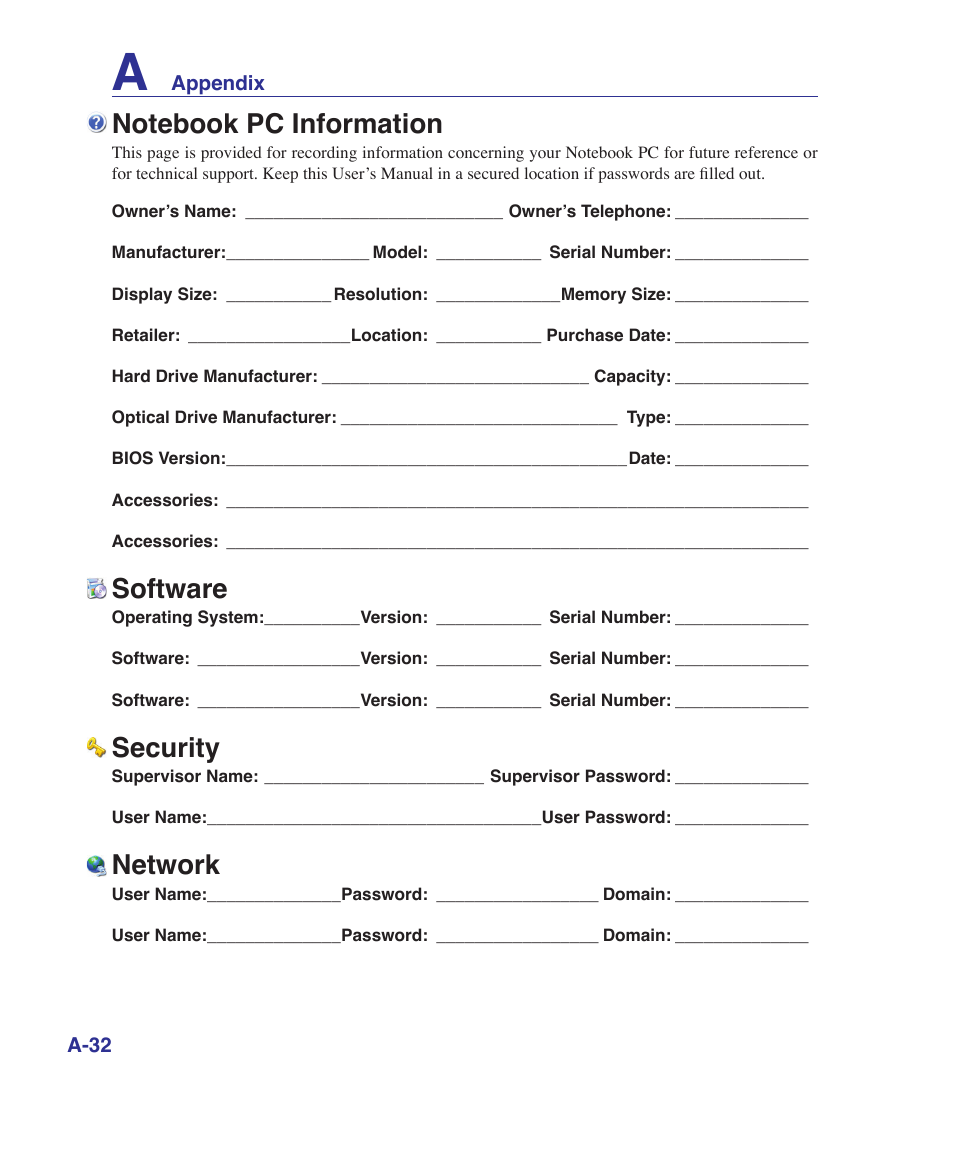 Notebook pc information, Software, Security | Network | Asus K41VF User Manual | Page 84 / 85