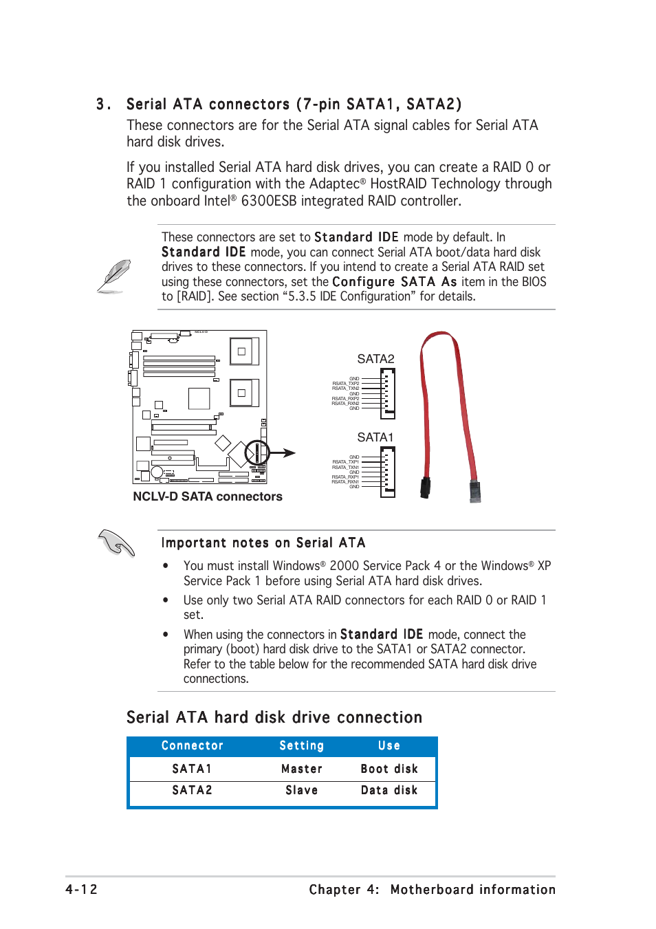 Serial ata hard disk drive connection, Hostraid technology through the onboard intel, 6300esb integrated raid controller | Asus AP1710-E1 User Manual | Page 106 / 158