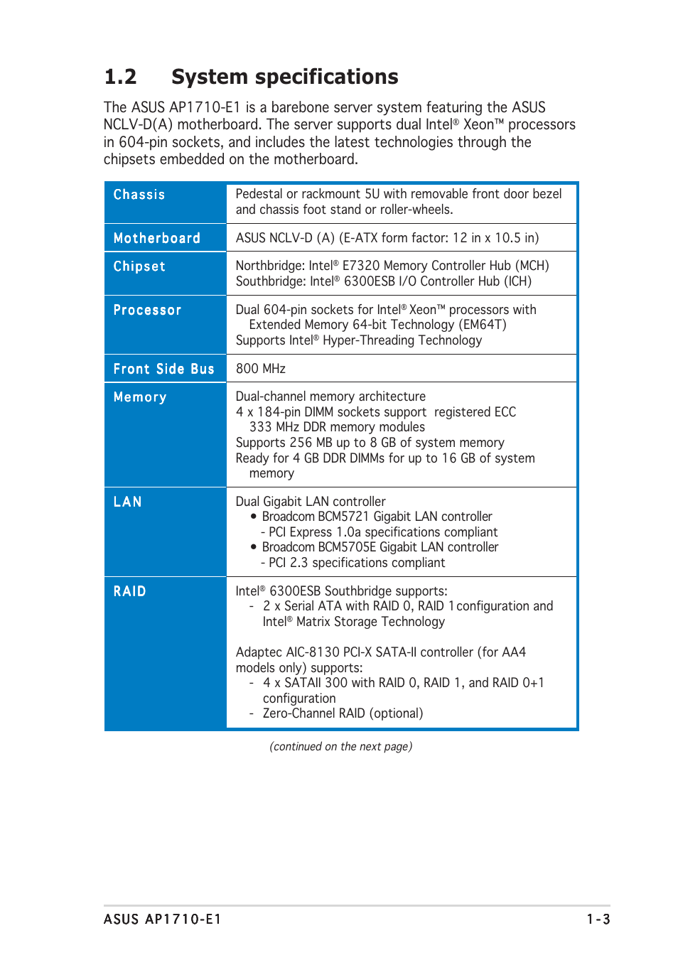 2 system specifications | Asus AP1710-E1 User Manual | Page 13 / 158