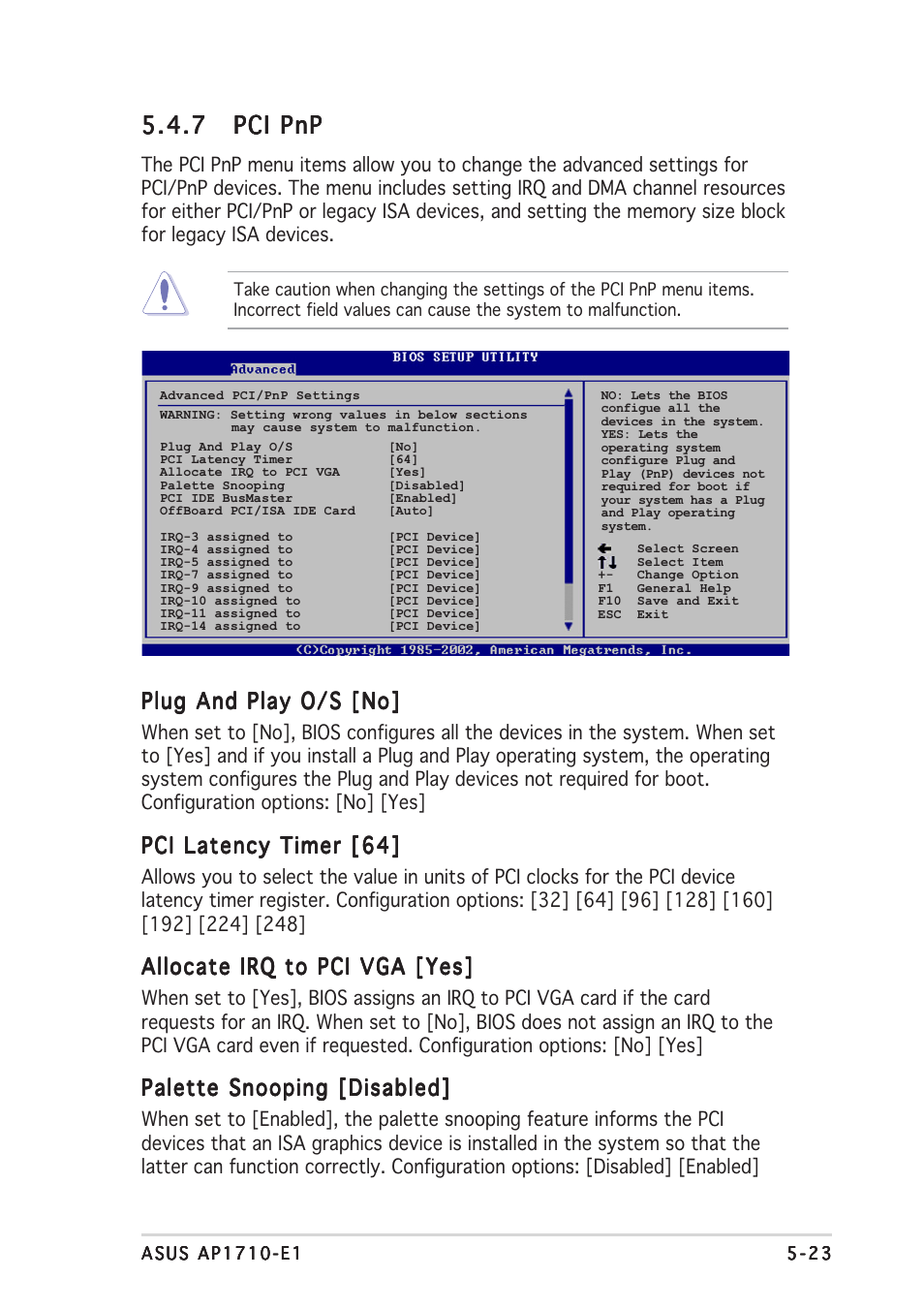 7 pci pnp pci pnp pci pnp pci pnp pci pnp, Plug and play o/s [no, Pci latency timer [64 | Allocate irq to pci vga [yes, Palette snooping [disabled | Asus AP1710-E1 User Manual | Page 137 / 158