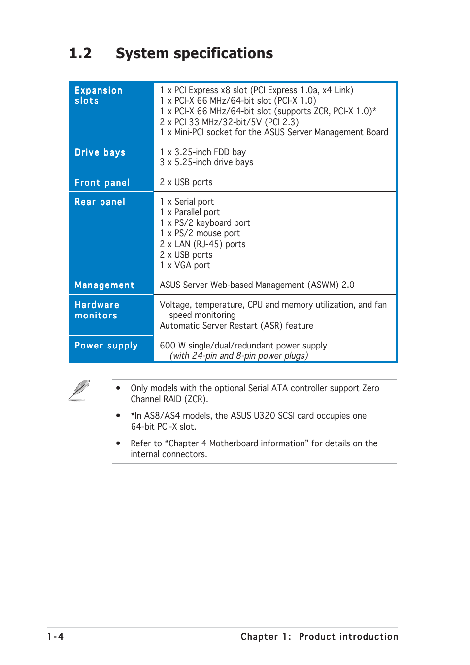 2 system specifications | Asus AP1710-E1 User Manual | Page 14 / 158