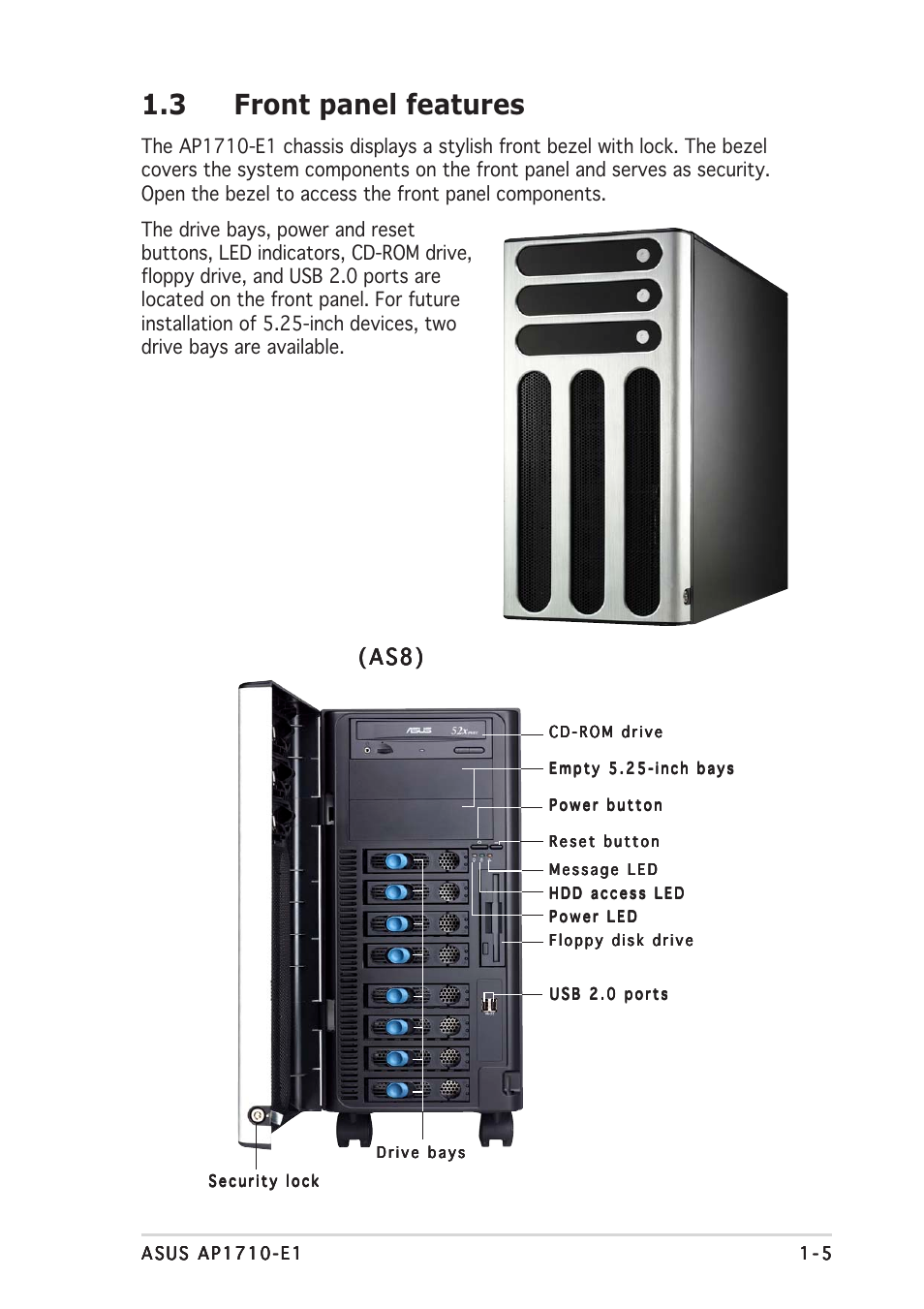 3 front panel features, As8) | Asus AP1710-E1 User Manual | Page 15 / 158