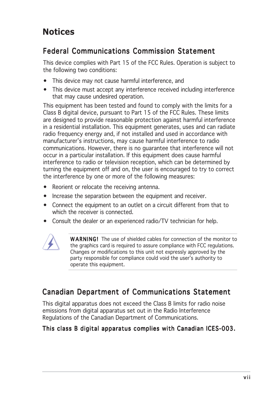 Notices, Federal communications commission statement, Canadian department of communications statement | Asus AP1710-E1 User Manual | Page 7 / 158