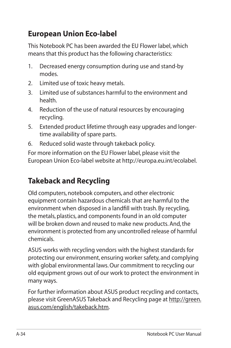 European union eco-label, Takeback and recycling | Asus X42DQ User Manual | Page 104 / 108