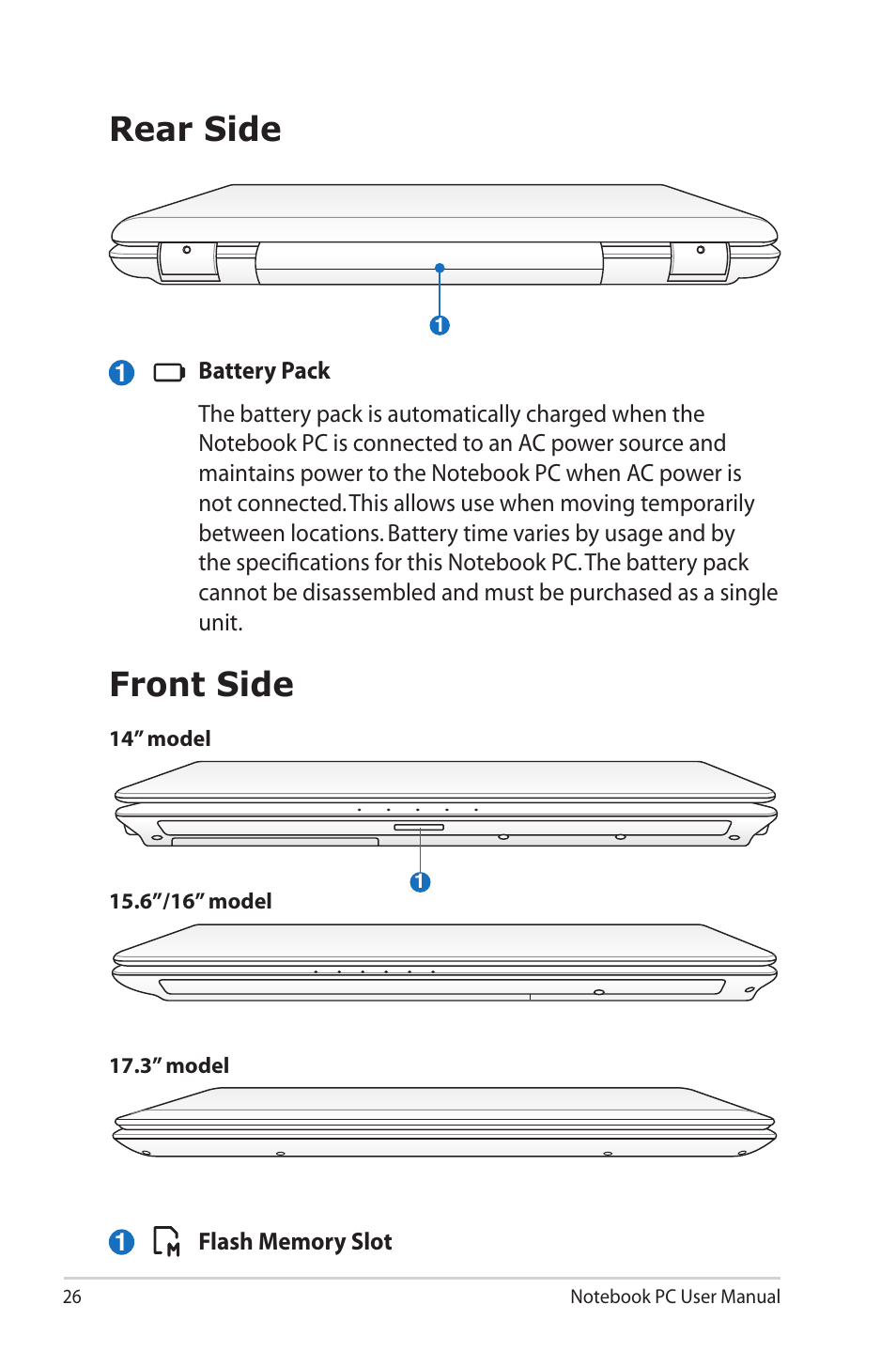 Rear side, Front side, Rear side front side | Asus X42DQ User Manual | Page 26 / 108