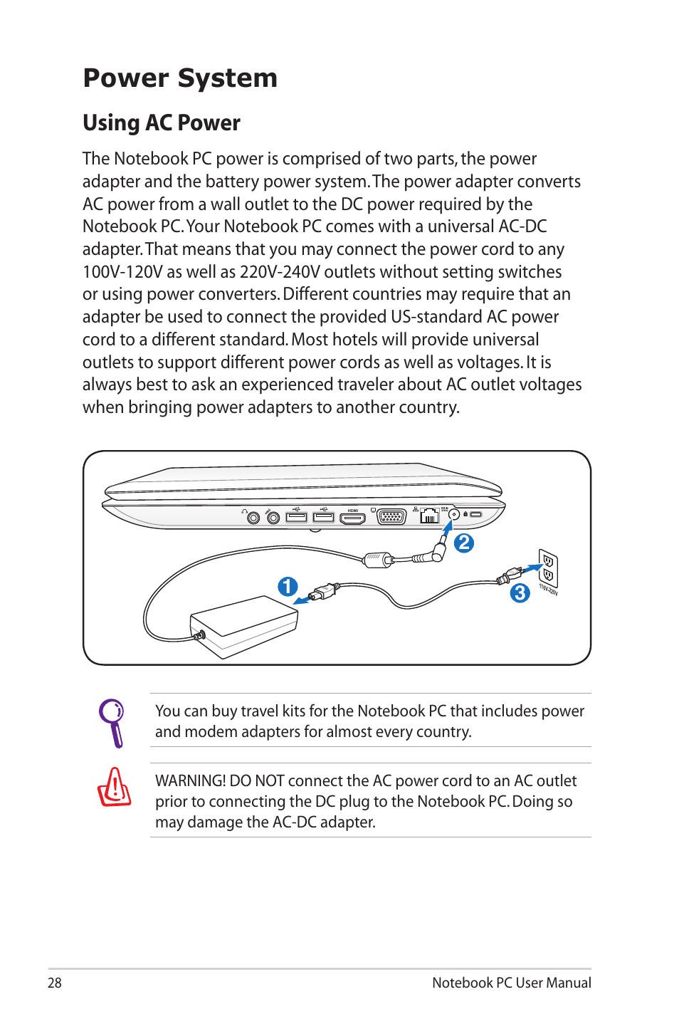 Power system, Using ac power | Asus X42DQ User Manual | Page 28 / 108