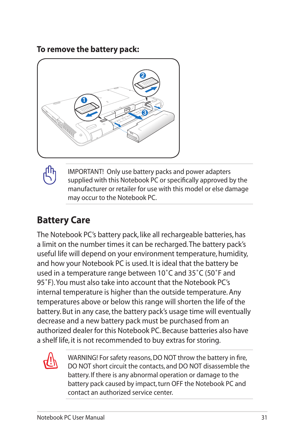 Battery care | Asus X42DQ User Manual | Page 31 / 108