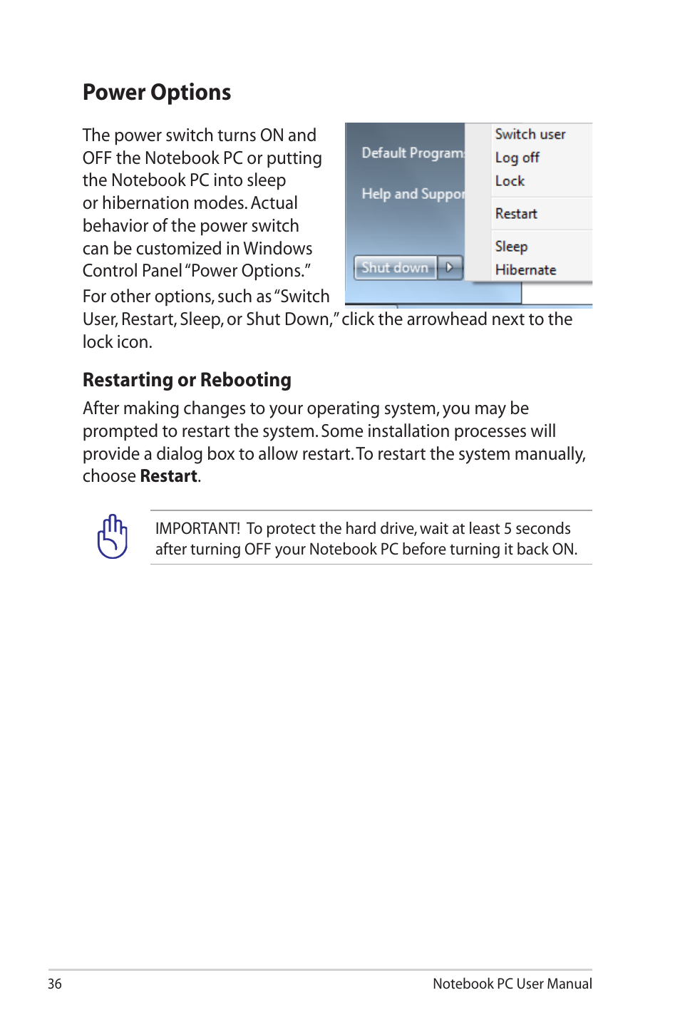 Power options | Asus X42DQ User Manual | Page 36 / 108