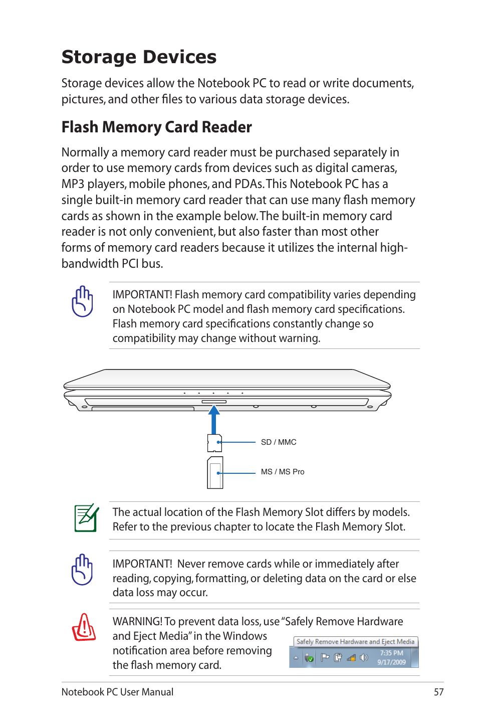 Storage devices, Flash memory card reader | Asus X42DQ User Manual | Page 57 / 108